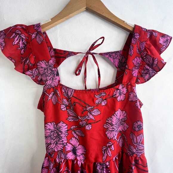 Band of the Free Mini Dress Size XS Red Floral Print Flutter Sleeve Gypsy Boho - Picture 3 of 10